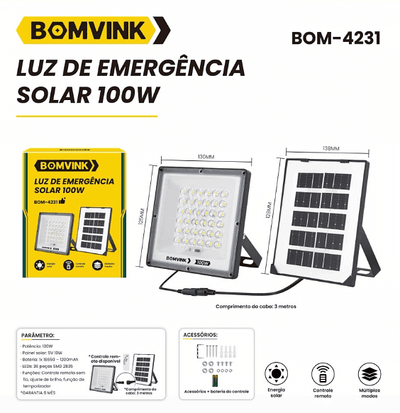 LUZ DE EMERGÊNCIA SOLAR 100W BOM-4231